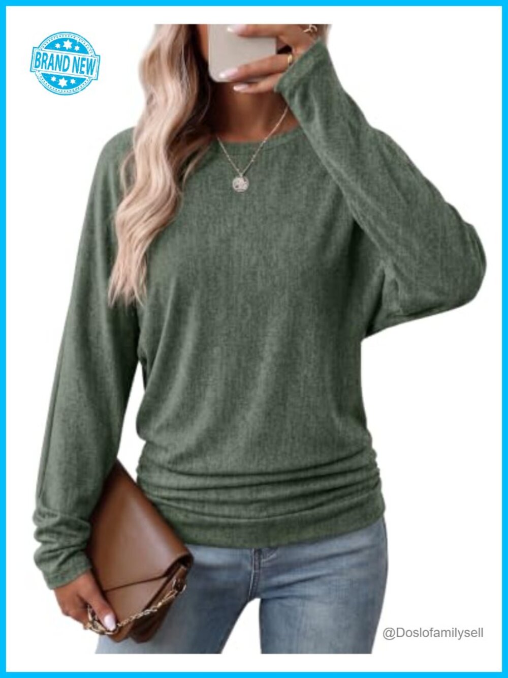 Womens Long Sleeve Top Ruched Hem Lightweight Sweater Dolman Sleeve